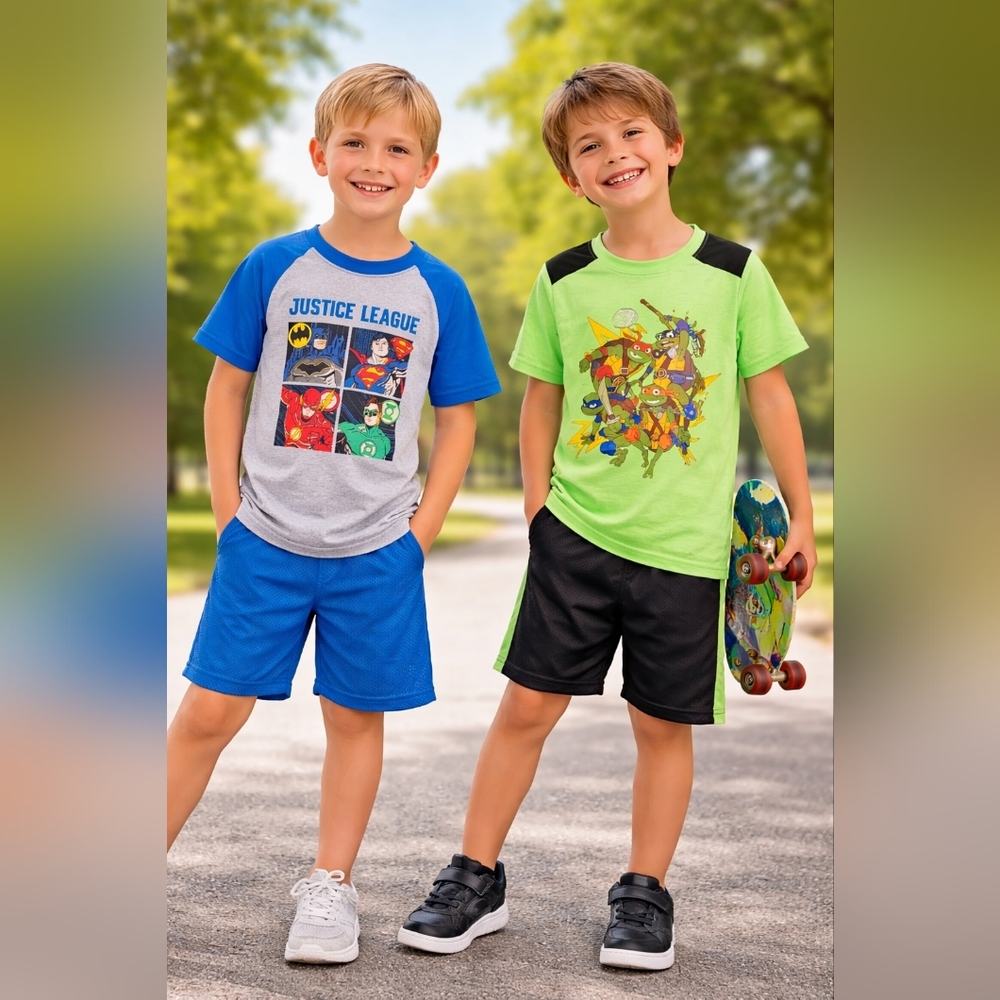 Justice League Boys 2-Piece Outfit Set Size 7 Graphic Tee & Blue Shorts New